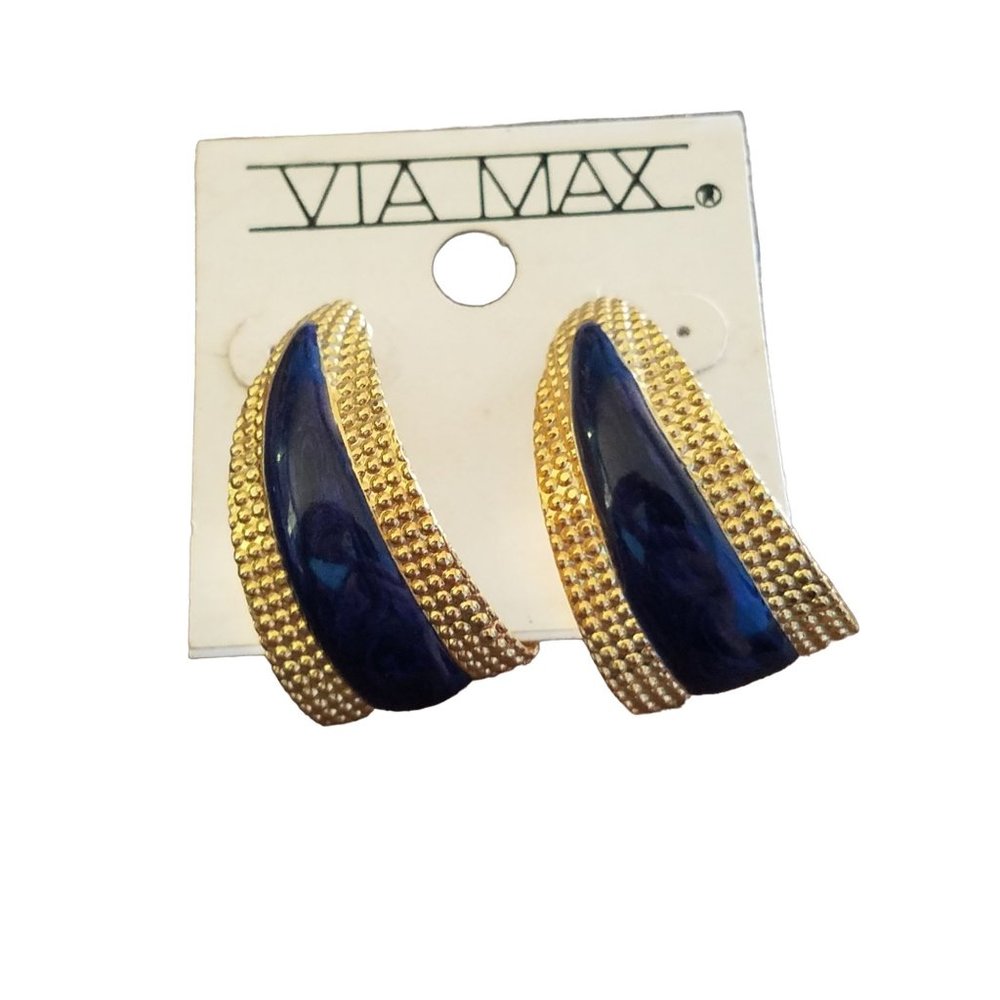 Vintage Womens Via Max Pierced Earrings Blue Gold Push on Clips Fashion Curved
